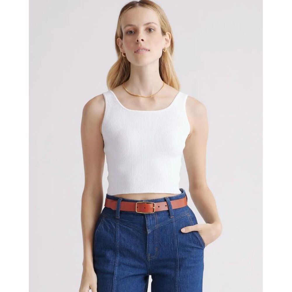 Quince Women's Cropped Square Neck Ribbed Knit Tank White M